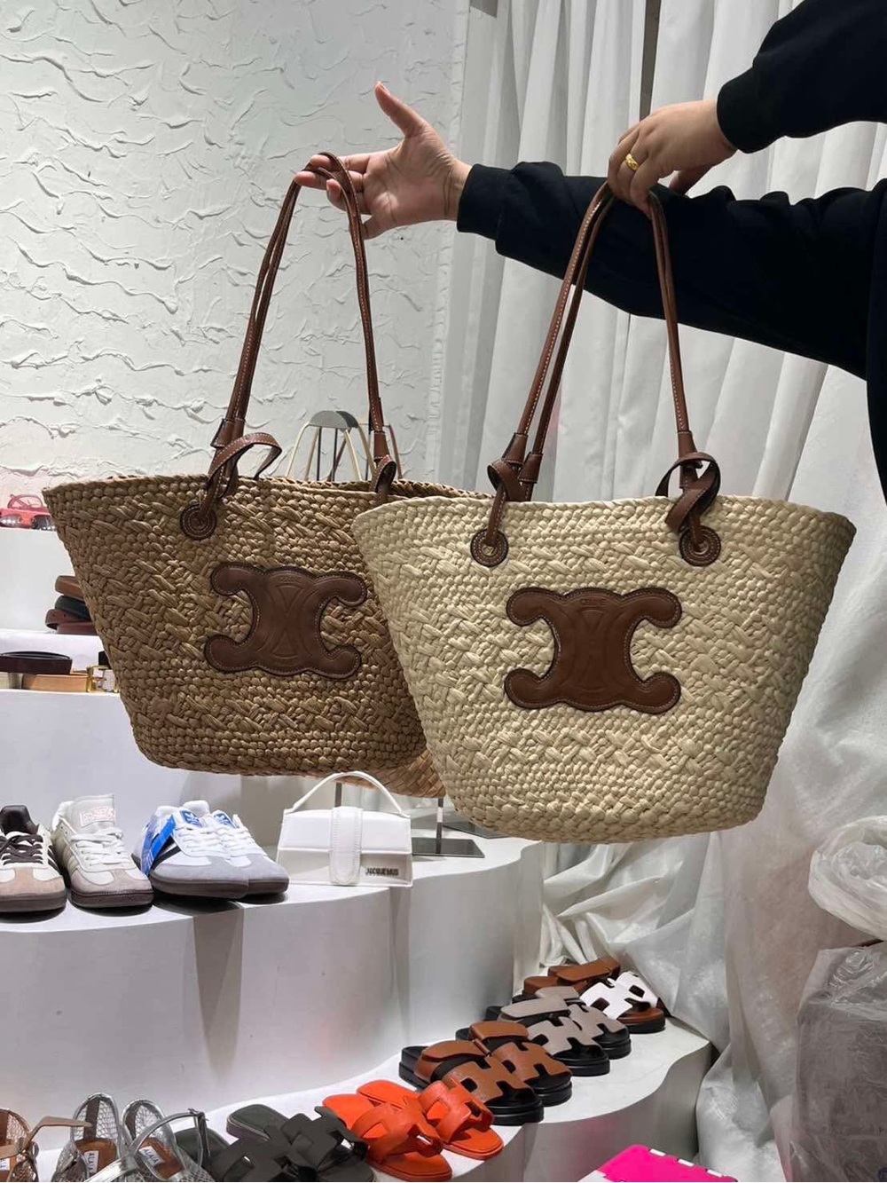 Woven Straw Tote with Brown Leather Trim - Neutral